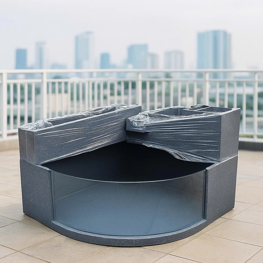 Bể cá kính cong 90x90x30cm có tầng thác lọc và chậu trồng cây và vật liệu lọc