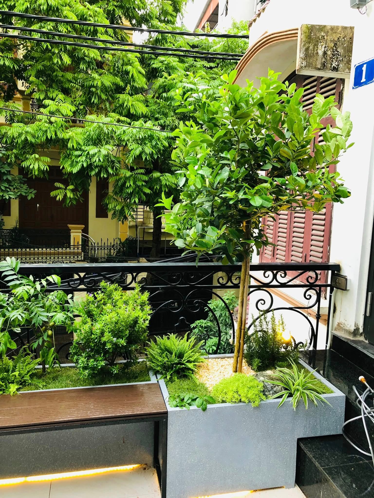 mẫu sân thượng có hệ chậu composite kèm ghế